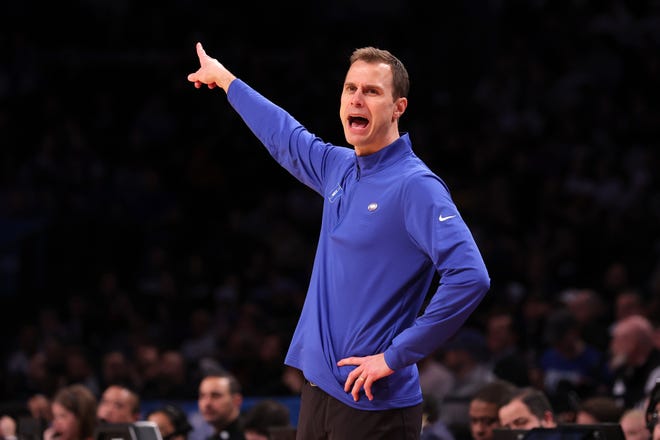 Mar 24, 2024; Brooklyn, NY, USA; Duke Blue Devils head coach Jon Scheyer reacts against the James Madison Dukes in the second round of the 2024 NCAA Tournament at Barclays Center. Mandatory Credit: Brad Penner-USA TODAY Sports