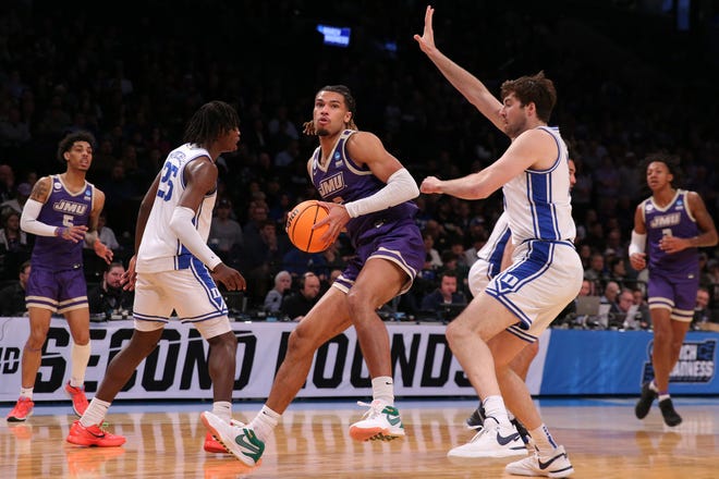 Mar 24, 2024; Brooklyn, NY, USA; James Madison Dukes forward T.J. Bickerstaff (3) dribbles the ball against the Duke Blue Devils in the second round of the 2024 NCAA Tournament at Barclays Center. Mandatory Credit: Brad Penner-USA TODAY Sports