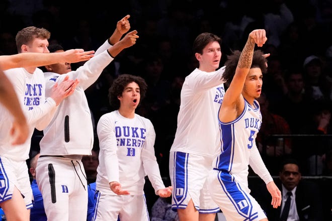 Mar 24, 2024; Brooklyn, NY, USA; Duke Blue Devils guard Tyrese Proctor (5) reacts after making a basket against the James Madison Dukes in the second round of the 2024 NCAA Tournament at Barclays Center. Mandatory Credit: Robert Deutsch-USA TODAY Sports