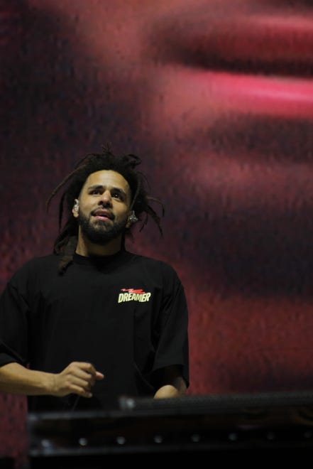 J. Cole performs during Dreamville Festival at Dorothea Dix Park in Raleigh on Sunday, April 2, 2023.