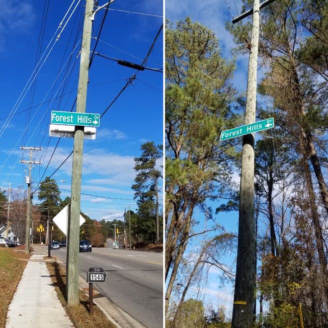 Fayetteville removed signs for Forest Hills Drive and posted two signs high up on utility poles at the northern and southern ends to avoid theft. [Myron B. Pitts/The Fayetteville Observer]